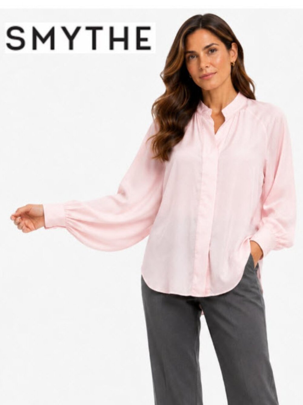 Smythe Pale Pink Mandarin Collar Concealed Placket Blouse Medium fit